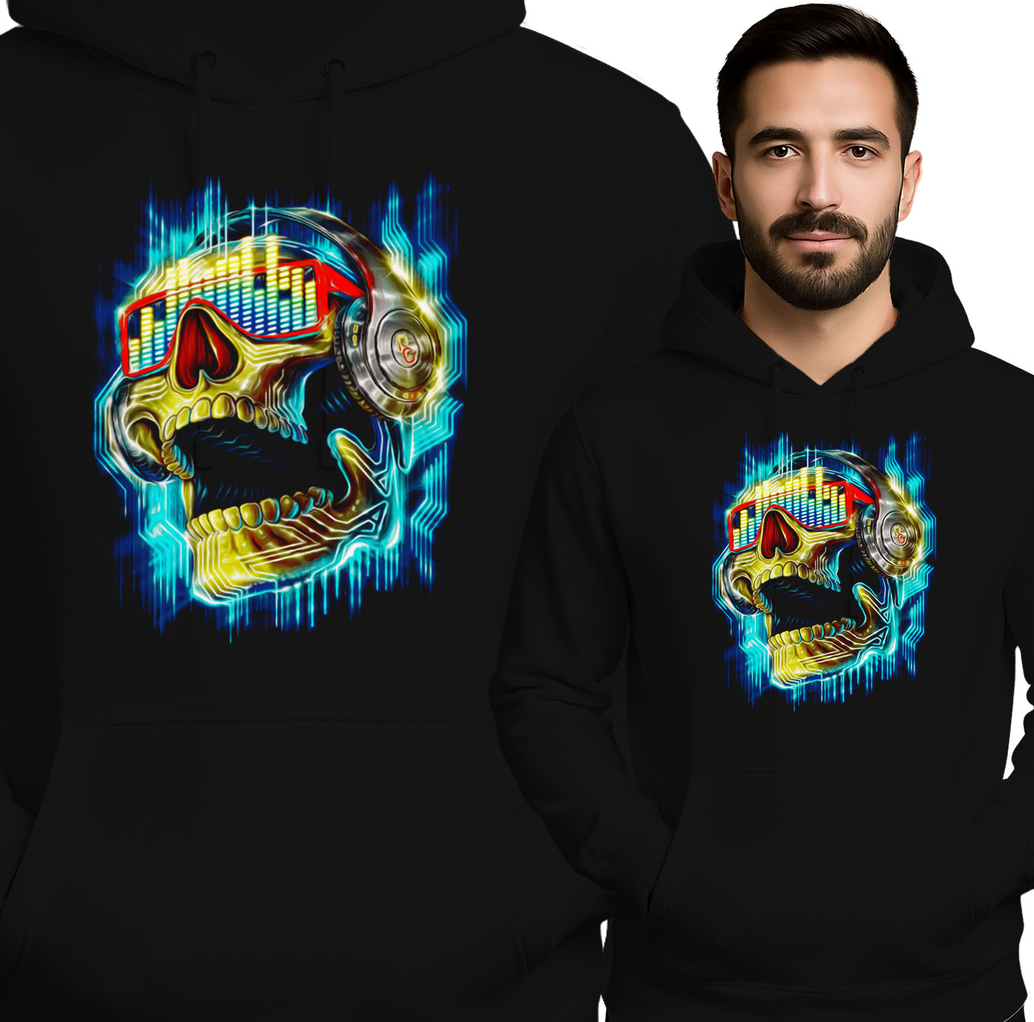 'Neon Skull DJ' motyw z czaszką i słuchawkami
